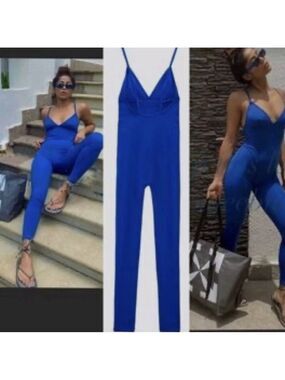 Zara Royal cobalt blue spaghetti strap V-neck long jumpsuit bodysuit Sz M NWOT